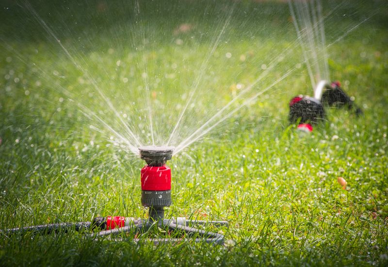 Sprinkler head spraying water on green lawn